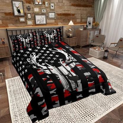 Camo American Flag Twin Comforter Set Boys,Deer Antlers Red Camouflage Quilt Set Flags for Room Teens,Wild Animal Hunting Rustic Farm Branches Leaves Plant Stars Stripes USA Flag Bedding Set