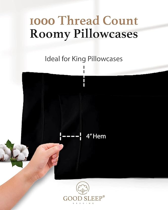1000 TC Black King Pillowcases Set of 2 100% Egyptian Cotton Pillow Cases with Long Staple Cotton & Sateen Weave, Silky Soft Hotel - Like Bed Pillow Covers for Comfy Sleeping, Snug Fit
