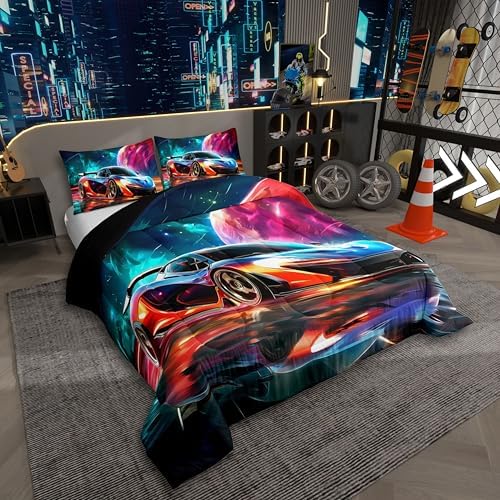 Erosebridal Boys Race Car Twin Comforter Set for Kids Boys Girls,Extreme Sports Gaming Bedding Set,Cool Speed Car Duvet Insert,Planet Galaxy Bed Set for All Season