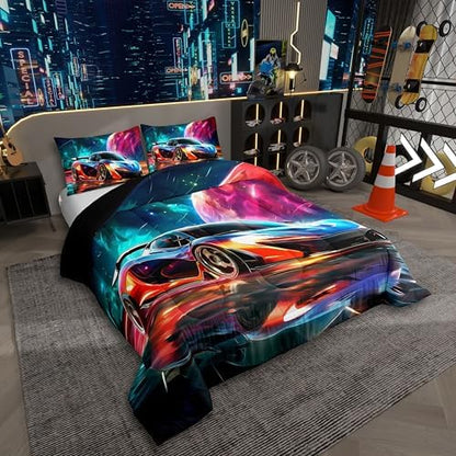 Erosebridal Boys Race Car Twin Comforter Set for Kids Boys Girls,Extreme Sports Gaming Bedding Set,Cool Speed Car Duvet Insert,Planet Galaxy Bed Set for All Season