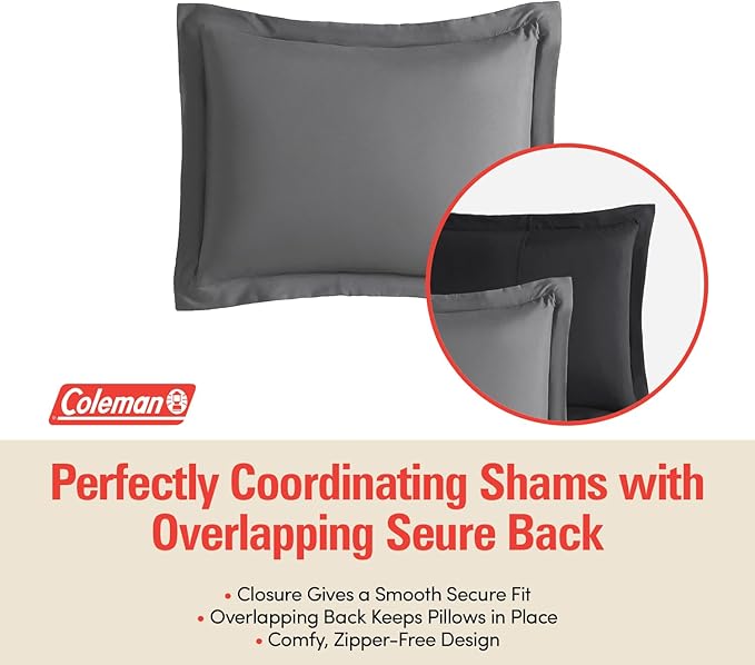 Coleman Twin Comforter Set Reversible Bed-in-a-Bag– Double-Sided Color Options, All-Season Comforter + Shams + Sheets – Perfect for Home, Cabin or Camp Use, Black/Gray
