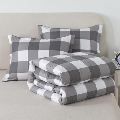 Caressma White Gray Plaid Comforter Set King, Farmhouse Grid Plaid Comforter Bedding Set for All Seasons, Classic Gingham Pattern Print Soft Microfiber 3 Pieces Comforter with Pillowshmas