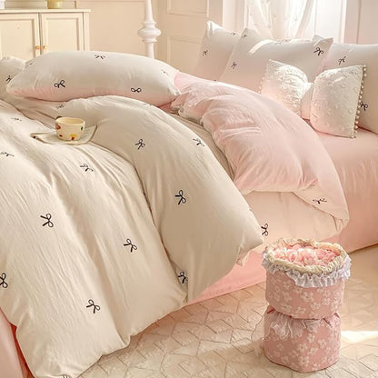Nayoroom Bow Duvet Cover Queen Size Reversible Pink Coquette Duvet Cover 3 Pieces Soft Lightweight Microfiber Kids Girls Cute Aesthetic Dorm Bedding Set, White/Pink