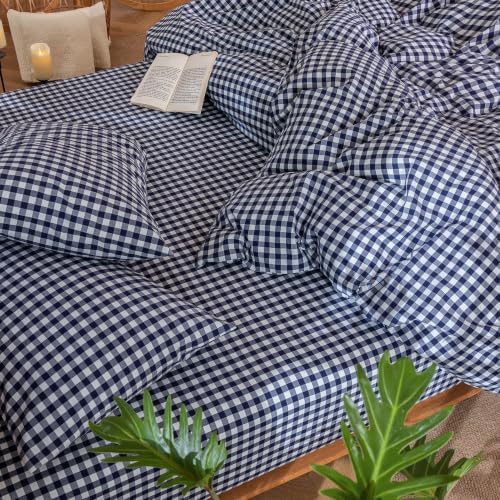 MooMee Gingham Duvet Cover Set 100% Washed Cotton Linen Like