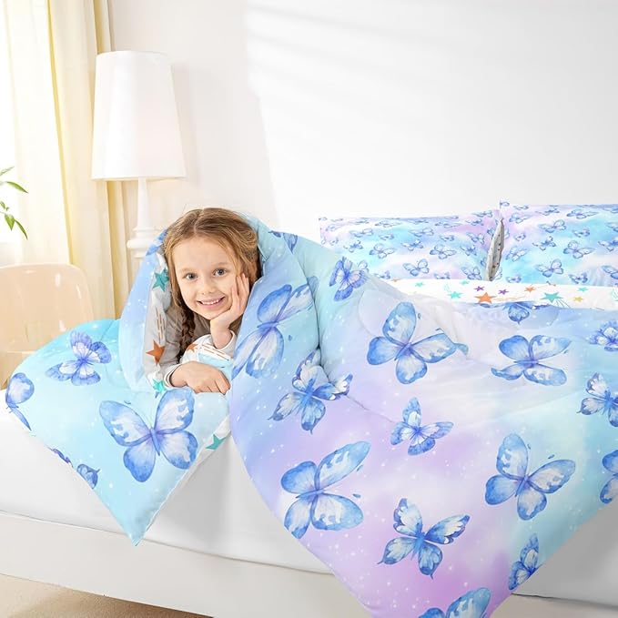 Erosebridal Pink Blue Butterfly Bedding Queen,Watercolor 3D Printed Comforter Set Purple Colorful Rainbow Bed Sets Fantasy Dreamy Princess Duvet Insert 3 Pieces