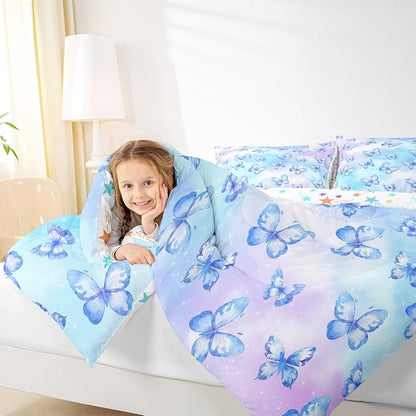 Erosebridal Pink Blue Butterfly Bedding Queen,Watercolor 3D Printed Comforter Set Purple Colorful Rainbow Bed Sets Fantasy Dreamy Princess Duvet Insert 3 Pieces