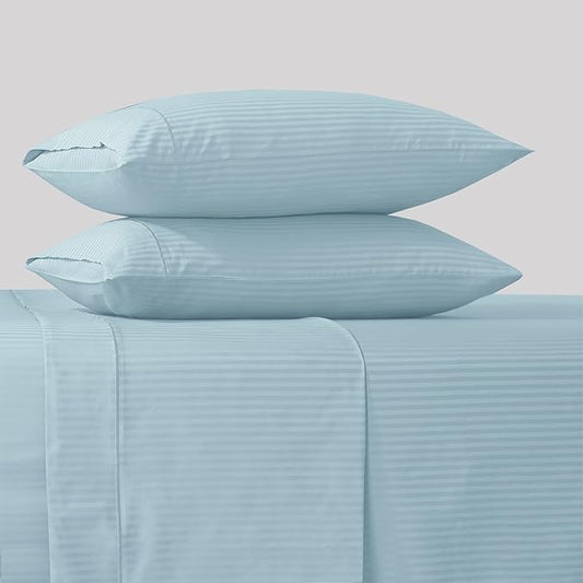 Feather & Stitch 500 TC Split King Size Sheet Set, 5 Piece Bed Sheets Set-2 Twin Fitted Sheet, 1 King Flat Sheet & 2 King Pillowcases, 18" Deep Pockets Sateen Weave Striped Bedsheet - (Aqua Stripe)