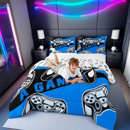 Erosebridal Gaming Comforter Sets for Boys Kids Video Game Comforter Set,Gamer Bedding Set Blue Black Quilt Duvet Set Men Boys Bedroom Decor,King Size 3Pcs