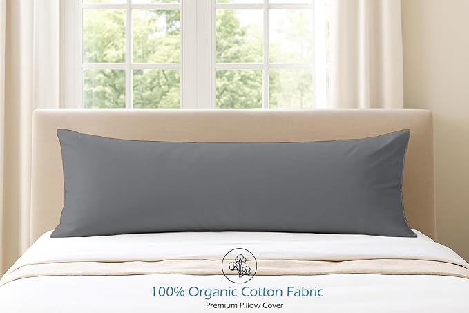 Comfort Beddings Body Pillowcase, 100% Organic Cotton 600 Thread Count Sateen, Soft Cooling Grey, 1-Pack, Hidden Zipper Closure, Hotel Quality, Fade & Shrink Resistant, 20 x 54 Inches