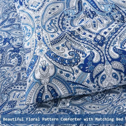 lasoftan Floral Queen Comforter Set with Sheets, 7 piece Luxury Vintage Bedding, Soft Microfiber Bed in a Bag, Cozy Lightweight Bed Set, Blue Paisley