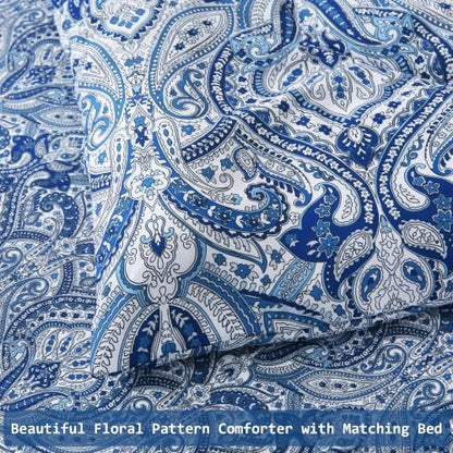 lasoftan Floral Queen Comforter Set with Sheets, 7 piece Luxury Vintage Bedding, Soft Microfiber Bed in a Bag, Cozy Lightweight Bed Set, Blue Paisley
