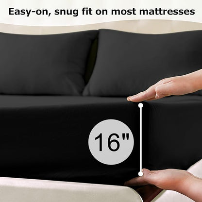 Full Size Bed Sheet Set - 4 Piece Soft Microfiber Sheets with Deep Pockets, Cooling Technology, and Wrinkle-Free Pillowcase. Hotel-Quality, Durable Bedding, Black