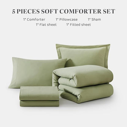 WRENSONGE Twin Comforter Set- 5 Pieces Sage Green Bed in a Bag, All Season Twin XL Bedding Sets with 1 Fitted Sheet, 1 Flat Sheet, 1 Pillow Sham and 1 Pillowcase