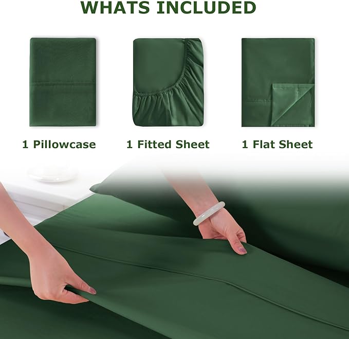 Twin Size Bed Sheet Set - 3 Piece Soft Microfiber Sheets with Deep Pockets, Cooling Technology, and Wrinkle-Free Pillowcase. Hotel-Quality, Durable Bedding, Eden Green