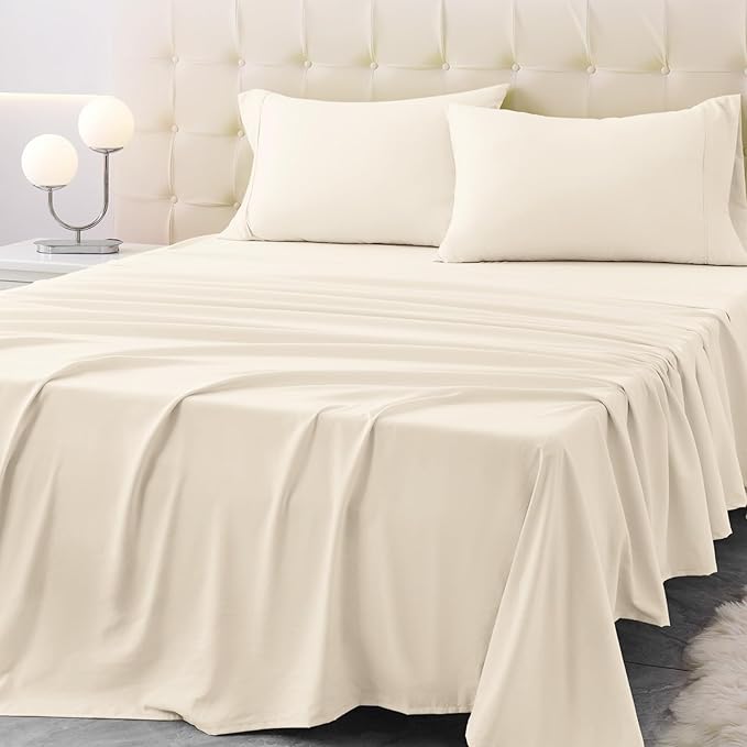 Twin XL Size Bed Sheet Set - 3 Piece Soft Microfiber Sheets with Deep Pockets, Cooling Technology, and Wrinkle-Free Pillowcase. Hotel-Quality, Durable Bedding, Cream