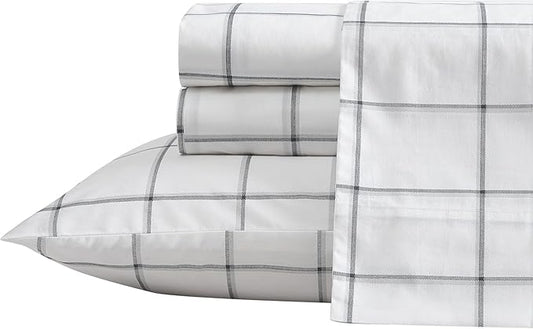 Nautica- Queen Sheet Set, Cotton Percale Bedding Set, Crisp & Cool, Lightweight & Breathable (Plot Black, Queen)