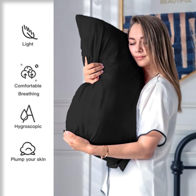 Silk Pillow Cases 2 Pack,Soft Breathable and Sliky Queen Size Pillow Cases Set of 2,Natural Mulberry Silk Pillowcase Set of 2 for Hair and Skin with Hidden Zipper (Black,20"X 30",2pcs)