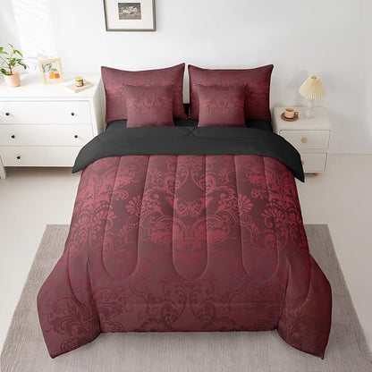 Erosebridal Gothic Damask Bed in a Bag King Size Comforter Set 7 Pieces,Butterfly Skull Bedding Sets Red Victorian Floral Goth Sheet Set with Comforter