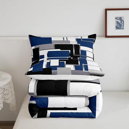 Erosebridal Blue Grey White Comforter Set for Kids Boys Girls,Geometric Bedding Set Full Size,Watercolor Square Quilt Set,Modern Style Pattern Duvet Insert with 2 Pillowcases Home Room Decor