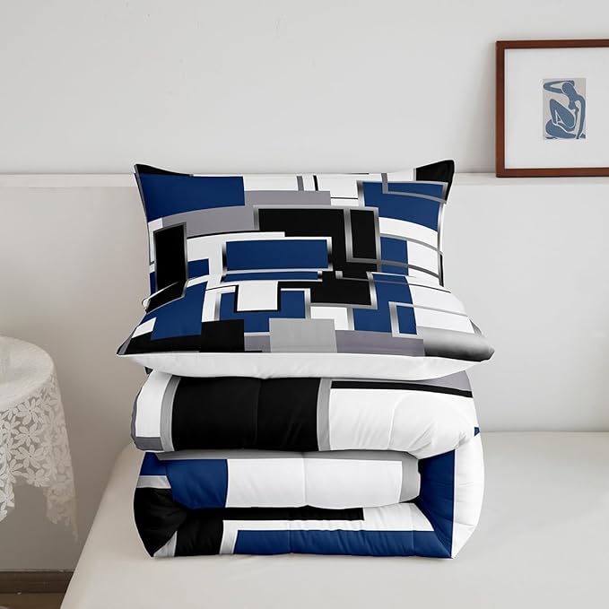 Erosebridal Blue Grey White Comforter Set for Kids Boys Girls,Geometric Bedding Set Queen,Watercolor Square Quilt Set,Modern Style Pattern Duvet Insert with 2 Pillowcases Home Room Decor
