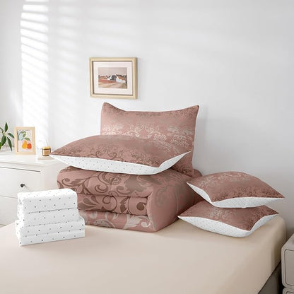 Erosebridal Gothic Damask Bed in a Bag King Size Comforter Set 7 Pieces,Butterfly Skull Bedding Sets Light Pink Victorian Floral Goth Sheet Set with Comforter