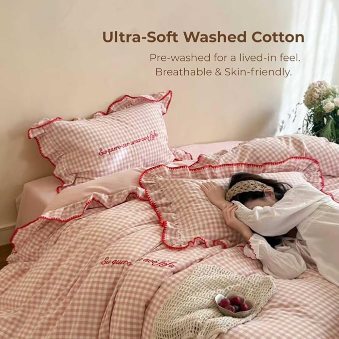 CRUSHIMO Morning Mist Gingham Washed Cotton Duvet Cover Set - Shabby Chic Gingham Plaid Bedding with Ruffle Trim & Triangle Stitching - Ultra Soft Breathable Comforter Cover (Blush Milk, Twin)