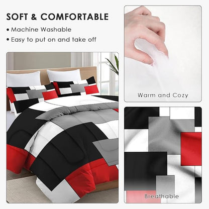 Queen Size Comforter Set with 2 Pillowcases, Black White Red Geometric Soft 3 Pcs Bedding for Kids and Adults Bedroom Bed Decor