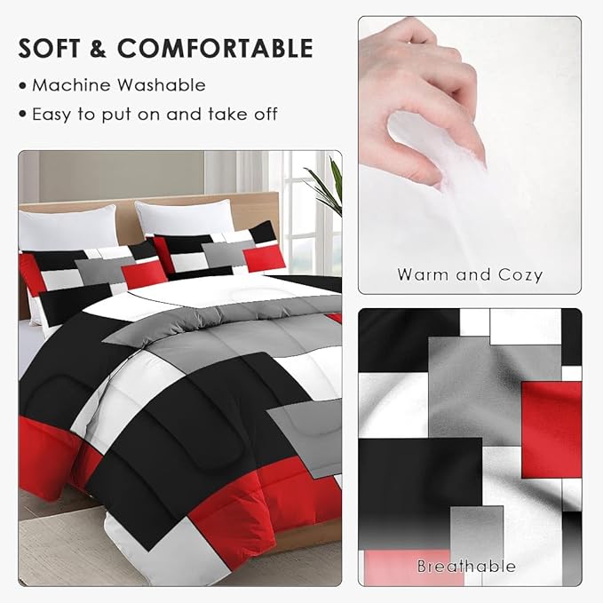 Twin Size Comforter Set with Pillowcase, Black White Red Geometric Soft 2 Pcs Bedding for Kids and Adults Bedroom Bed Decor