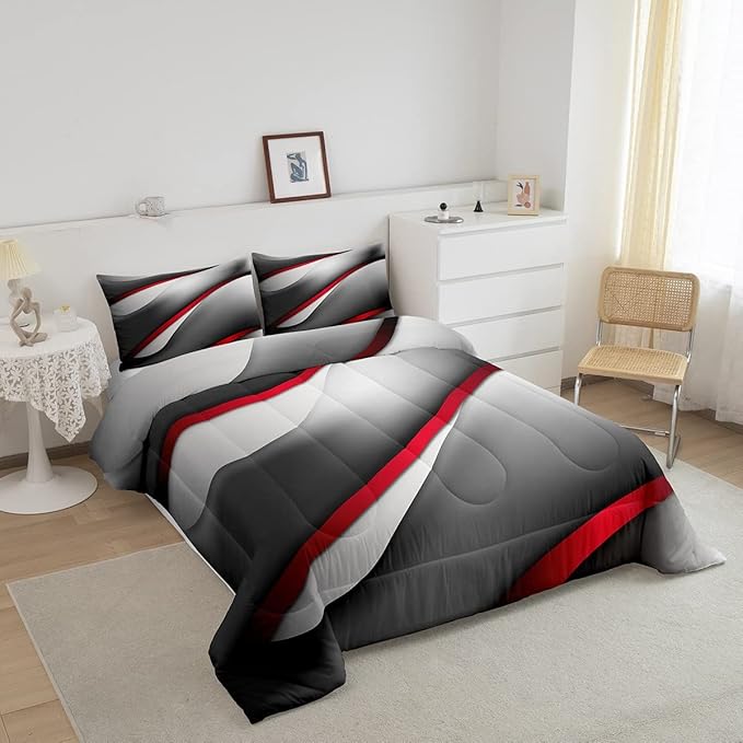 Castle Fairy Modern Gray Red Black Comforter Set Queen Size Abstract Stripes Quilt Set 3pcs for Kids Youth Men Women Bedroom Decor 3D Stripes Bedding Set Gradient Simple Duvet Insert,2 Pillowcases