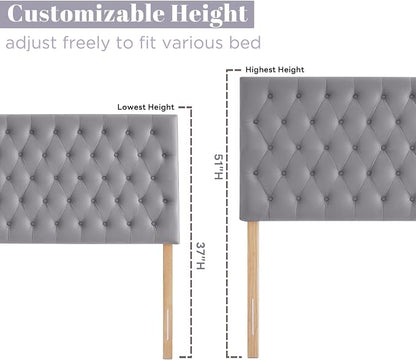 Upholstered Queen Headboard Only, Premium Velvet Button Tufted Headboards, Adjustable Solid Wood Head Board, Padded Headboard with Solid Wood Legs in Bedroom (Gray)