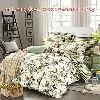FADFAY Floral Sheets Twin XL 100% Cotton 600 TC White Flower and Green Leaves Bedding Dorm Room Extra Long Bed Sheet Countryside Bed Sheet Soft Hypoallergenic Deep Pocket Sheet 17.5,Beige