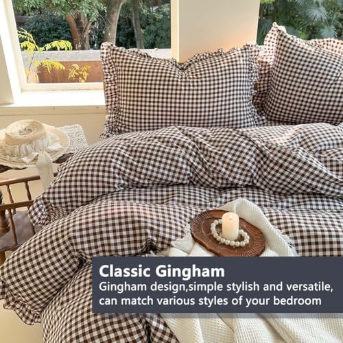 NSNLGSGC Mocha Gingham Ruffle Queen Duvet Cover