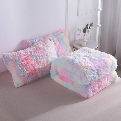 Wajade Faux Fur Plush Rainbow Comforter Set Fluffy Fuzzy Shaggy Bedding Set - 3PC Full/Queen Microfiber Soft Warm Quilt Set