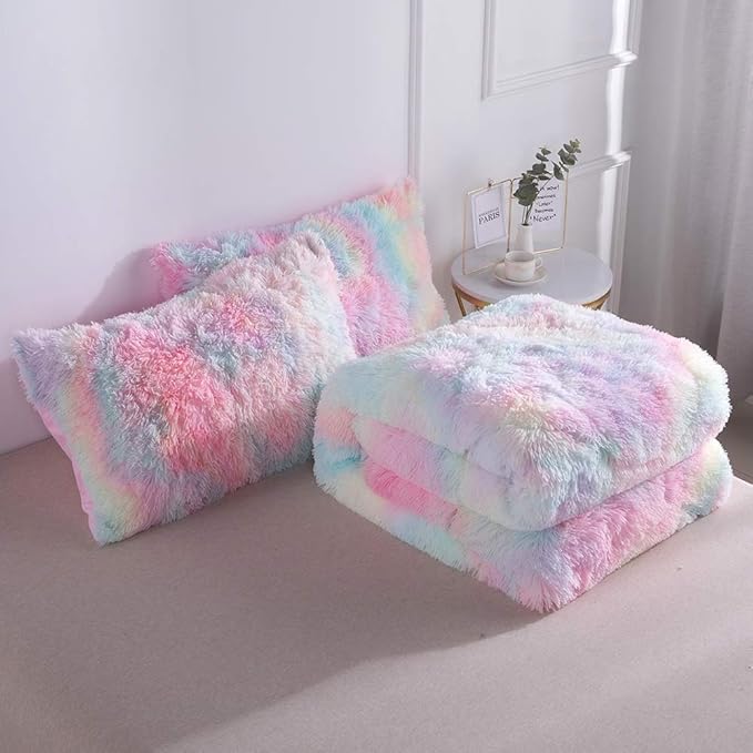 Wajade Faux Fur Plush Rainbow Comforter Set Fluffy Fuzzy Shaggy Bedding Set - 3PC King Size Microfiber Soft Warm Quilt Set