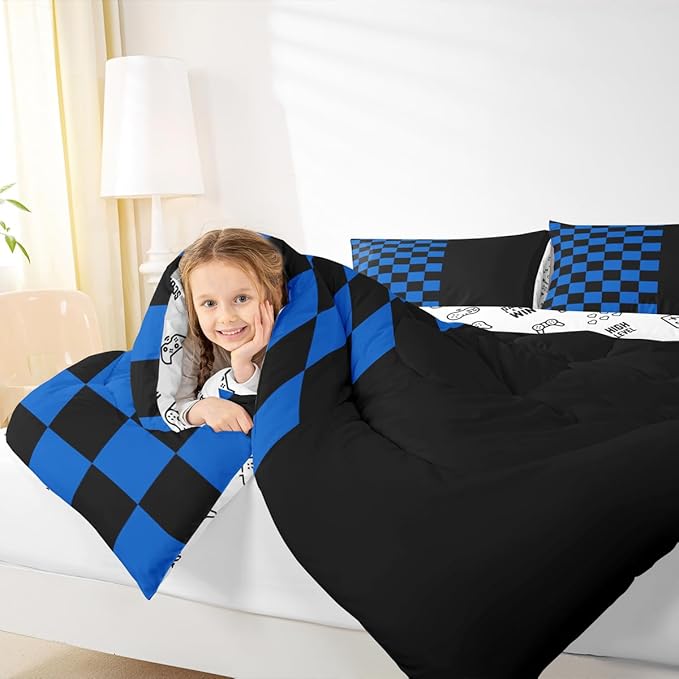 Geometric Check Kids Bedding Set King Size,Video Games Plaid Lattice Comforter Set，Modern Grid Simple Quilt Comforter,Black Blue Bedroom Duvet Insert,2 Pillowcases