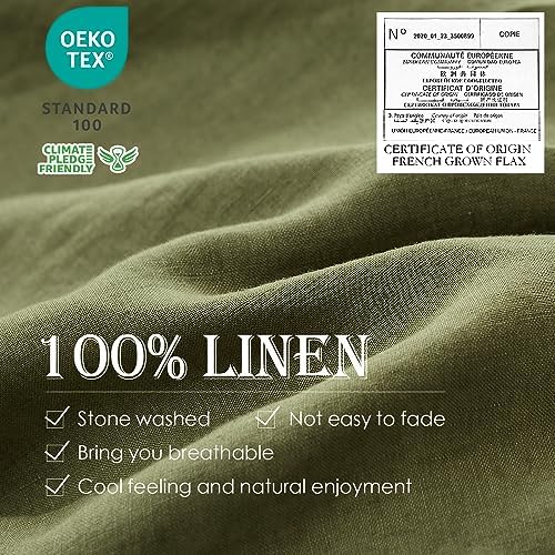 Simple&Opulence 100% Linen Duvet Cover Set 2pcs Basic Style Natural French Washed Flax Solid Color Soft Breathable Farmhouse Bedding with Button Closure - Olive Green, Twin