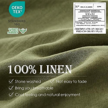 Simple&Opulence 100% Linen Duvet Cover Set 3pcs Basic Style Natural French Washed Flax Solid Color Soft Breathable Farmhouse Bedding with Button Closure - Olive Green, Queen