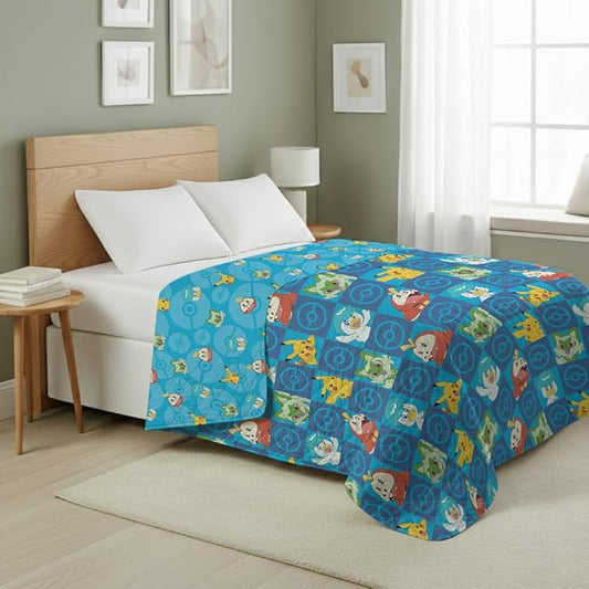Pokemon Power Squares Full/Queen Quilted Throw Blanket Adults Boys Girls, Soft Lightweight Bedding for Bed, or Couch, 90 x 90 inches