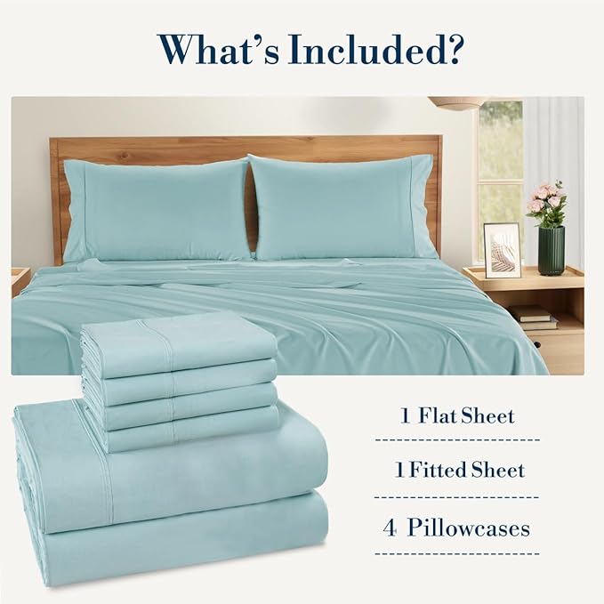 Casa Platino Cal King Sheets Sets – 100% Cotton Cal King Sheets Cooling with 4 Pillowcases, 15" Deep Pocket Fitted Sheet, Crisp & Smooth Feel, Ultra Soft & Cozy, Fit – Blue Sky