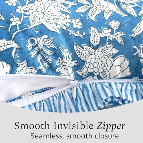 CPC Block Print Blue Sapphire Ruffle Cotton Lumbar Pillow Cover 14x36 inch
