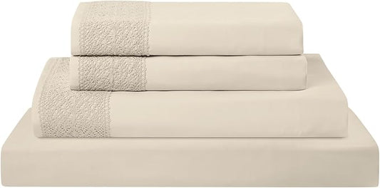 Modern Threads 4 Piece Microfiber Sheet Set – Soft Cooling Bed Sheets with Crochet Lace – Deep Pocket, Wrinkle Free, Breathable, Hotel Luxury Bedding, Beige, King
