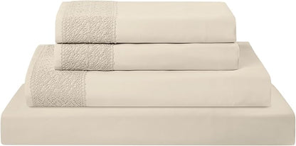 Modern Threads 4 Piece Microfiber Sheet Set – Soft Cooling Bed Sheets with Crochet Lace – Deep Pocket, Wrinkle Free, Breathable, Hotel Luxury Bedding, Beige, California King