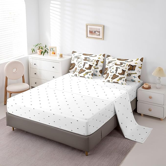 Erosebridal Cowboy Hat Men Comforter Set 7 Piece Bed in a Bag Twin,Cowboy Boots Bedding Sets Hunting Western Decor Sheet Set with Comforter