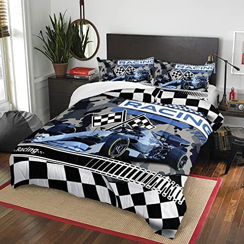 AILONEN Racing Car Comforter Set Twin Size, Racing Plaid Patterns with Cool Speed Race Car Bedding Set for Kids Boys Girls Teens Bedroom,3 Pieces,1 Quilt and 2 Pillowcases,Soft,Breathable