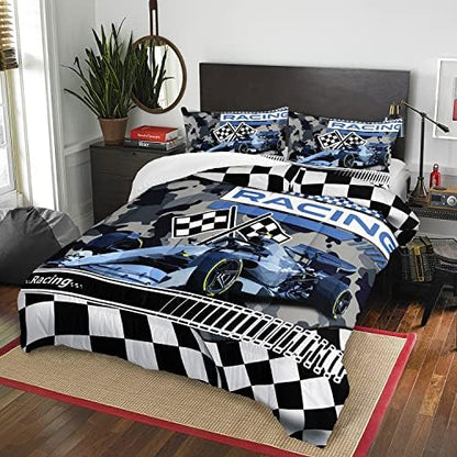 AILONEN Racing Car Comforter Set Twin Size, Racing Plaid Patterns with Cool Speed Race Car Bedding Set for Kids Boys Girls Teens Bedroom,3 Pieces,1 Quilt and 2 Pillowcases,Soft,Breathable