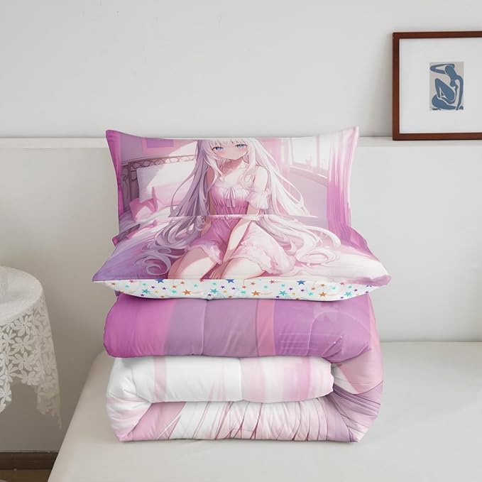 Erosebridal King Size Japanese Anime Comforter Set for Kids, Anime Girl Bedding Set Kawaii Japanese Style Quilt Cartoon Japan Animation Duvet Insert for Boys Teens Adult Women Bedroom, Pink