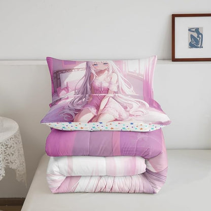 Erosebridal Queen Size Japanese Anime Comforter Set for Kids, Anime Girl Bedding Set Kawaii Japanese Style Quilt Cartoon Japan Animation Duvet Insert for Boys Teens Adult Women Bedroom, Pink