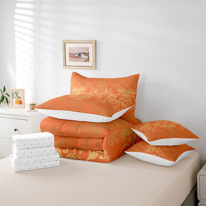 Erosebridal Gothic Damask Bed in a Bag King Size Comforter Set 7 Pieces,Sun Moon Tree of Life Bedding Sets Orange and Yellow Victorian Floral Goth Sheet Set with Comforter