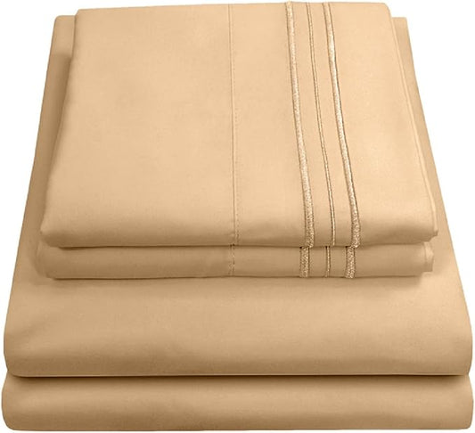 RV Queen Bed Sheets - Breathable Luxury Sheets with Full Elastic & Secure Corner Straps Built In - 1800 Supreme Collection Extra Soft Deep Pocket Bedding Set, Sheet Set, RV Short Queen, Camel