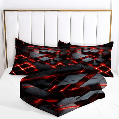 Red Black Geometric Comforter Set King Size 3D Stereoscopic Square Bedding Set Glowing Neon Geometry Bedding Sets 3 Piece Soft Microfiber Down Alternative Comforter Sets for All Season